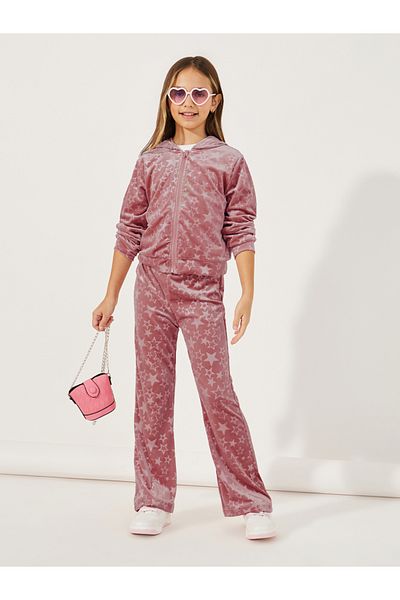 Styli Star Pattern Zipper Front Velvet Hoodie & Flare Hem Pant Set