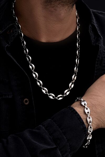 OSMANLI GÜMÜŞ Erkek Çelik Bileklik Kolye Set - Gemici Model Çelik Bileklik Ko...