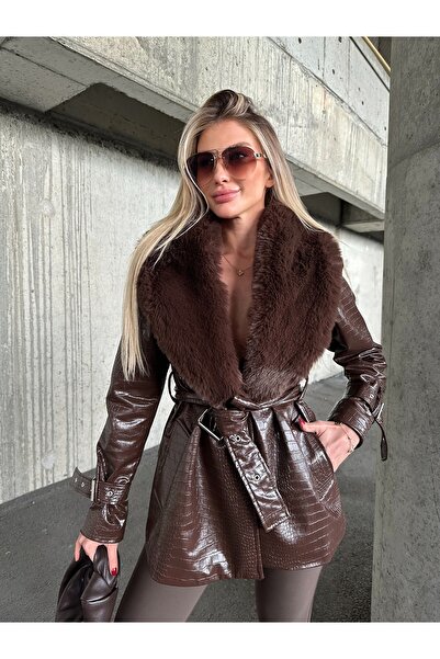ByRanaBuyuk Acıkahve Κοντό παλτό από γούνα κροκόδειλου
