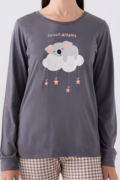 Arnetta Kadın Koyu Gri Sweet Dreams Ekose Desen Uzun Kol Pijama Takımı (Anne-Kız Kombin Yapılabilir)