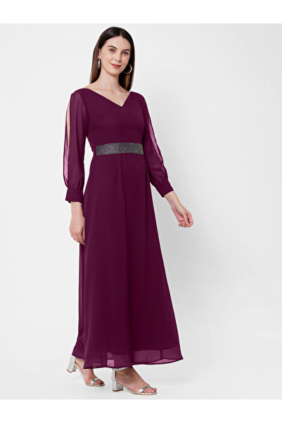 Mish By Styli Solid Georgette Fit and Flare Maxi Dress with Slit Sleeves