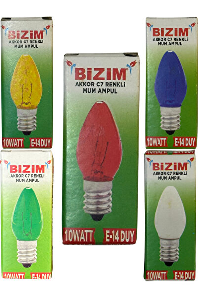 Bizim 10W Beş Farklı Renk (Kırmızı, Sarı, Mavi, Yeşil, Günışığı) E14 Duylu Mum Ampul (Toplam 5 Adet)