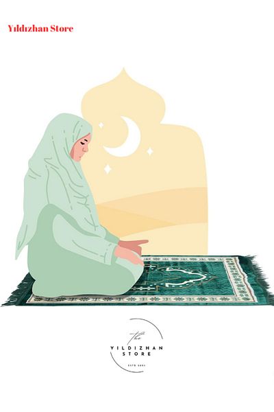 Yıldızhan Store Gift Velvet Prayer Rug - Dowry Hajj and Umrah Prayer Beads Set