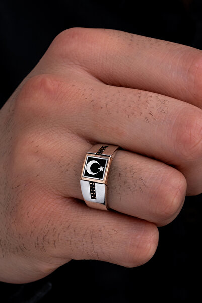 OSMANLI GÜMÜŞ Erkek Gümüş Yüzük - Ay Yıldız Türk Bayrağı Siyah Zirkon Taşlı E...