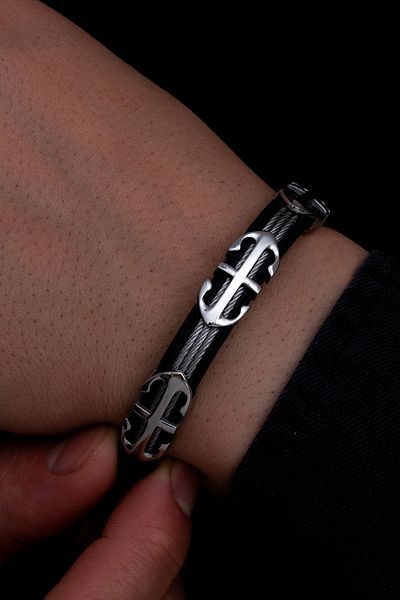 OSMANLI GÜMÜŞ Men's Steel Bracelet - 3 Rows with Anchor Pattern