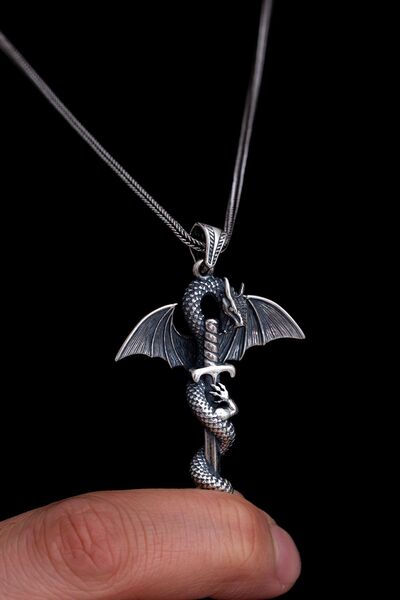 OSMANLI GÜMÜŞ Erkek Gümüş Kolye - Game Of Thrones Ejderha Figürlü Gümüş Erkek Kolye