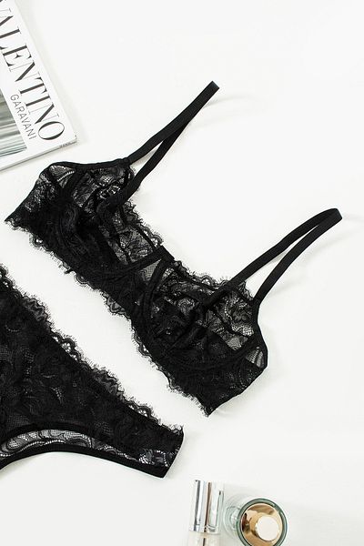 La Linaa Anna Black Lace Underwire Capless Panty Bra Set