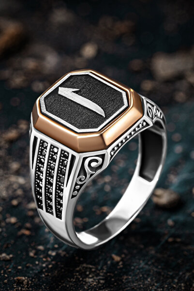 OSMANLI GÜMÜŞ Erkek Gümüş Yüzük - Üç Sıra Zirkon Taşlı Elif İşlemeli Erkek Yüzük