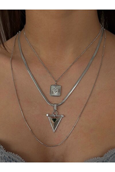 h&b design jewel Çelik Silver Kalp Detay Kolye Seti