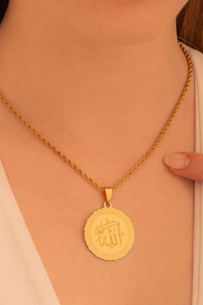 OSMANLI GÜMÜŞ Kadın Çelik Kolye - Altın Kaplama Allah Yazılı Yuvarlak Model Ç...