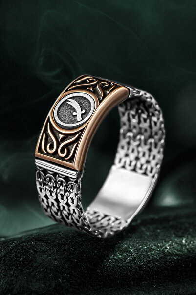 OSMANLI GÜMÜŞ Erkek Gümüş Yüzük - Kral Zincirli Zülfikar Kılıcı İşlemeli Erke...