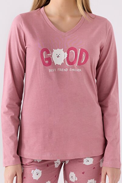 Arnetta Kadın Pembe Good Best Friend Forever Uzun Kol Pijama Takımı (Anne-Kız Kombin Yapılabilir)