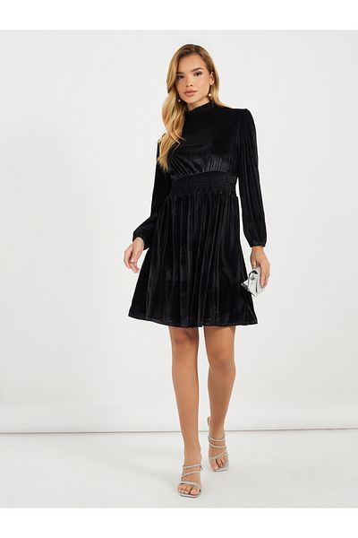 Styli Velvet Look High Neck A-Line Mini Dress