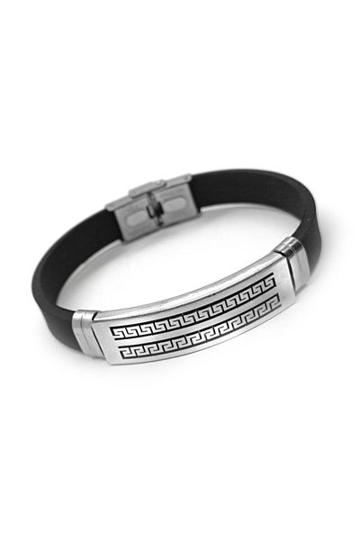 OSMANLI GÜMÜŞ Double Row Grek Pattern Rubber Steel Men's Bracelet Dblcıftgrek-syh