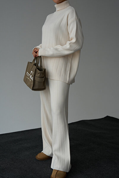 LOOSH Pulover de damă crem cu gât țesut Pantaloni cu croiala largă Set de tricotaje 2 piese