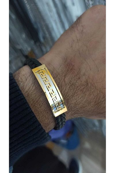 OSMANLI GÜMÜŞ Grek Patterned Faux Leather Men's Steel Bracelet