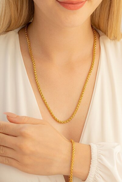 OSMANLI GÜMÜŞ Kadın Çelik Bileklik Kolye Set - 18 Ayar Altın Kaplama Yuvarlak...