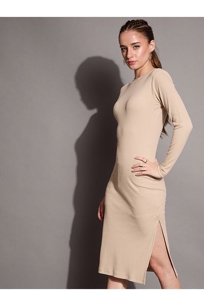Sassafras By Styli Ribbed Bodycon Knee Length Dress with Side Slit