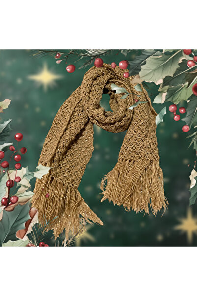 Pafuli El Örgüsü Fıstık Modelli Angora Gold Simli Açık Kahve Püsküllü Atkı