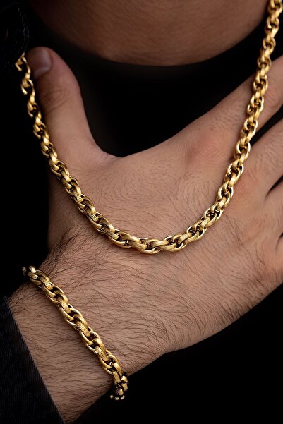 OSMANLI GÜMÜŞ Erkek Çelik Bileklik Kolye Set -22 Ayar Gerçek Altın Kaplama Sarmal Model Çelik Set