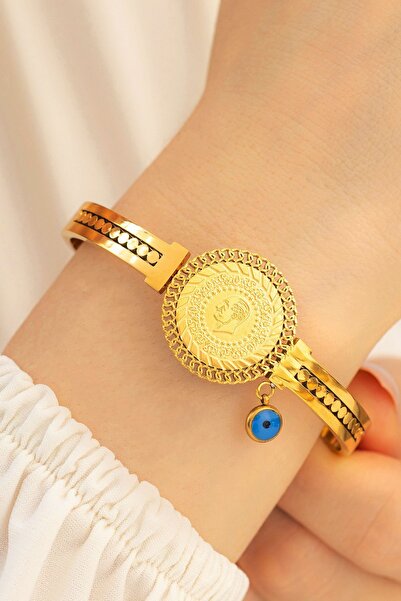 OSMANLI GÜMÜŞ Kadın Çelik Bileklik - Altın Kaplama Çeyrekli Ve Nazar Boncuklu...