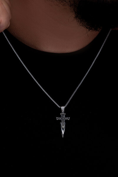 OSMANLI GÜMÜŞ Erkek Gümüş Kolye - Haç Motifli Hançer Model Gümüş Kolye