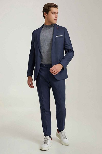 Twn Navy BlueSlimFit Viscose Suit - Plain Pointed Collar
