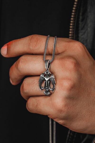 OSMANLI GÜMÜŞ Erkek Gümüş Kolye - Tilki Kuyruk Zincirli Çift Başlı Selçuklu Kartalı Model Erkek Kolye