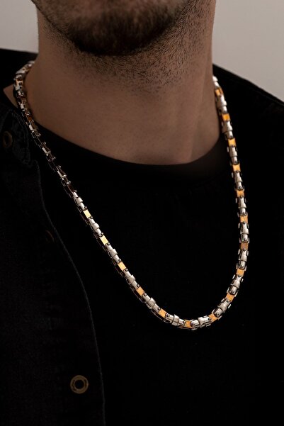 OSMANLI GÜMÜŞ Erkek Gold Gri Boru Model Gerçek Çelik Kolye - 316 L Ithal Pasl...