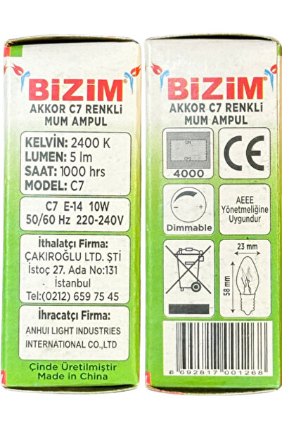 Bizim 10W Beş Farklı Renk (Kırmızı, Sarı, Mavi, Yeşil, Günışığı) E14 Duylu Mum Ampul (Toplam 5 Adet)