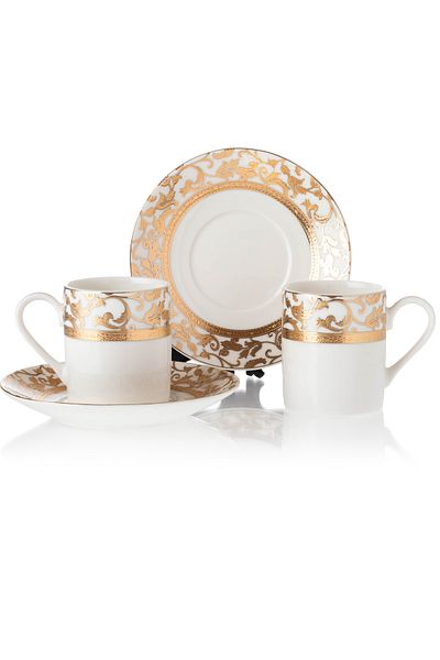 Dania 12 Piece Turkish Coffee Set Pure White Porcelain With Golden Engraving