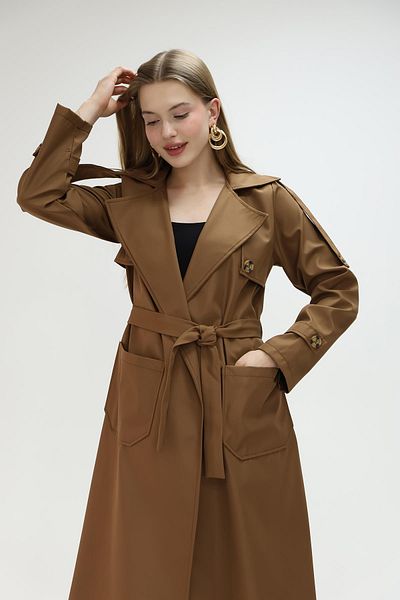 QUBERZ Belted Trench Coat with Pockets Brown