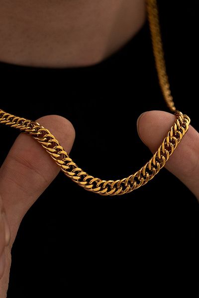 OSMANLI GÜMÜŞ قلادة رجالية - نموذج جورميه قلادة رجالية من الفولاذ - لون ذهبي - سماكة 7 مم - ستانلس ستيل