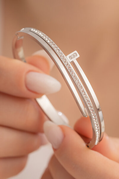 OSMANLI GÜMÜŞ اسوارة نسائية من الفولاذ - لون فضي (غير مصبوغ) مسمار حجري موديل 3 صفوف أصفاد نسائية