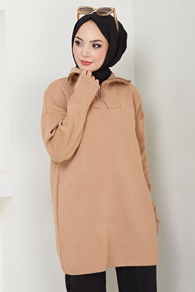 hafsamina Tunica tricotaje cu fermoar Camel - HM2610