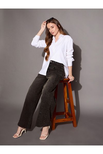 Sassafras By Styli High Rise Wash Front Seam Straight Fit Jeans