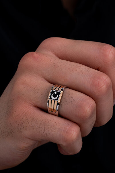 OSMANLI GÜMÜŞ Erkek Gümüş Yüzük - Ay Yıldız Bayrak Model İnce Kibar Erkek Yüzüğü