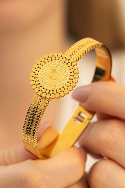 OSMANLI GÜMÜŞ Kadın Çelik Bileklik - Altın Kaplama Atatürk Ve Çeyrekli Model ...