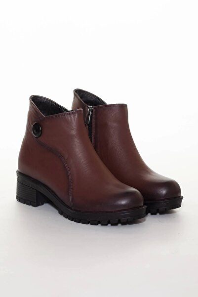 GULT Kadın Hakiki Deri Fermuarlı Bot, Düğme Detaylı Taba Deri Bot