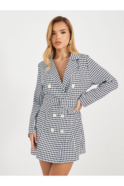 Styli Houndstooth Print Belted Blazer Mini Dress