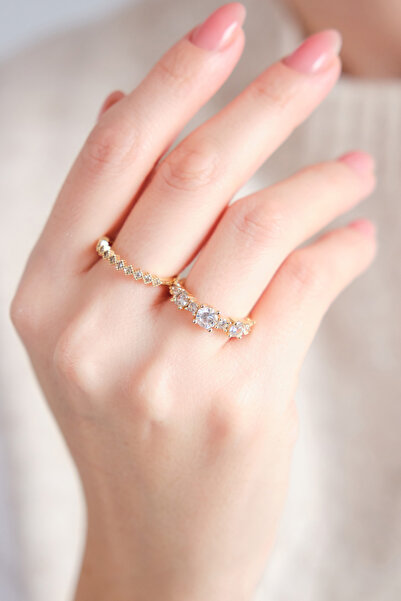 AURRARİ Gold Renk Zirkon Taşlı 2'li Yüzük