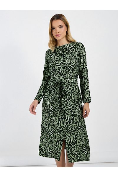 Styli Animal Print A-Line Midi Dress with Tie Belt