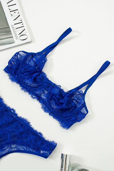 La Linaa Anna Saks Blue Lace Underwire Capless Panty Bra Set
