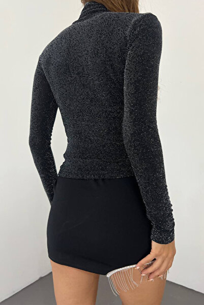 Ortaya Çık Black Sparkling Draped Blouse