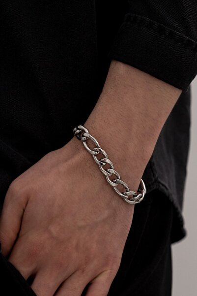OSMANLI GÜMÜŞ 10 Mm Thick Model Men's Steel Bracelet - Figaro Design