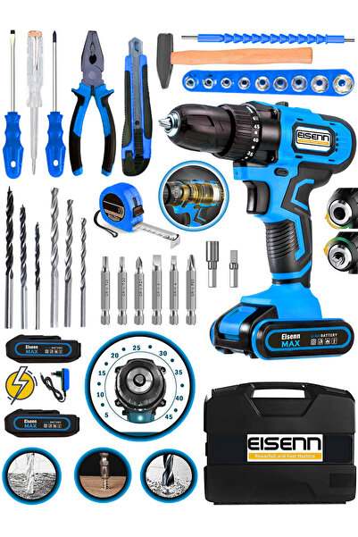 Eisenn Germany Xr E-5237 Vidalama Matkap 45 Tork Kademeli 2 Akülü 37 Parça Komple Usta Alet Seti