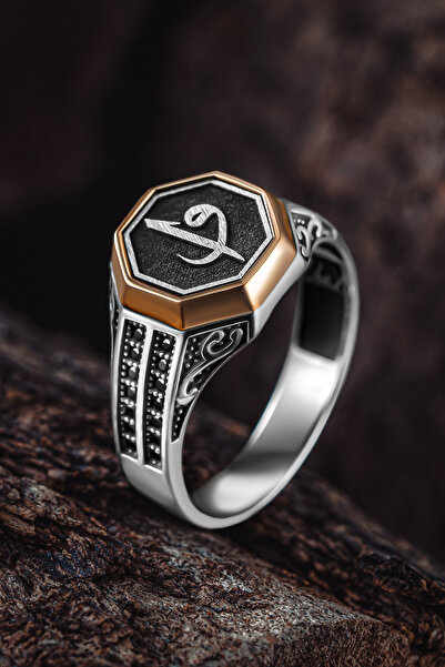 OSMANLI GÜMÜŞ Erkek Gümüş Yüzük - Zirkon Taşlı Vav Elif İşlemeli Erkek Yüzük