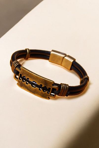 etniko Men's Black Leather Bracelet - Razor Figured
