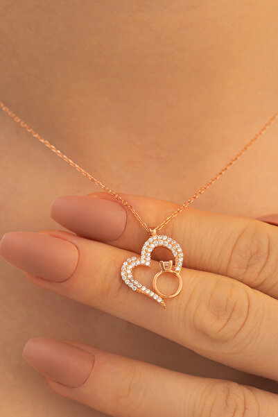 OSMANLI GÜMÜŞ Kadın Gümüş Kolye - Zirkon Taşlı Rose Renk Tektaşlı Kalp Kadın ...