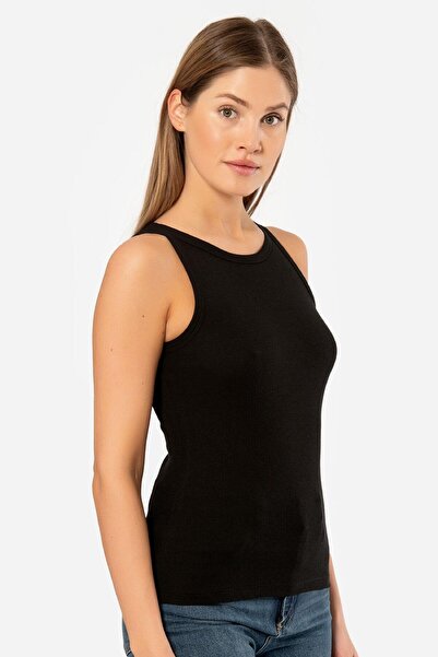 TÜREN Women's Halter Neck Ribbed Tank Top 3403/Black